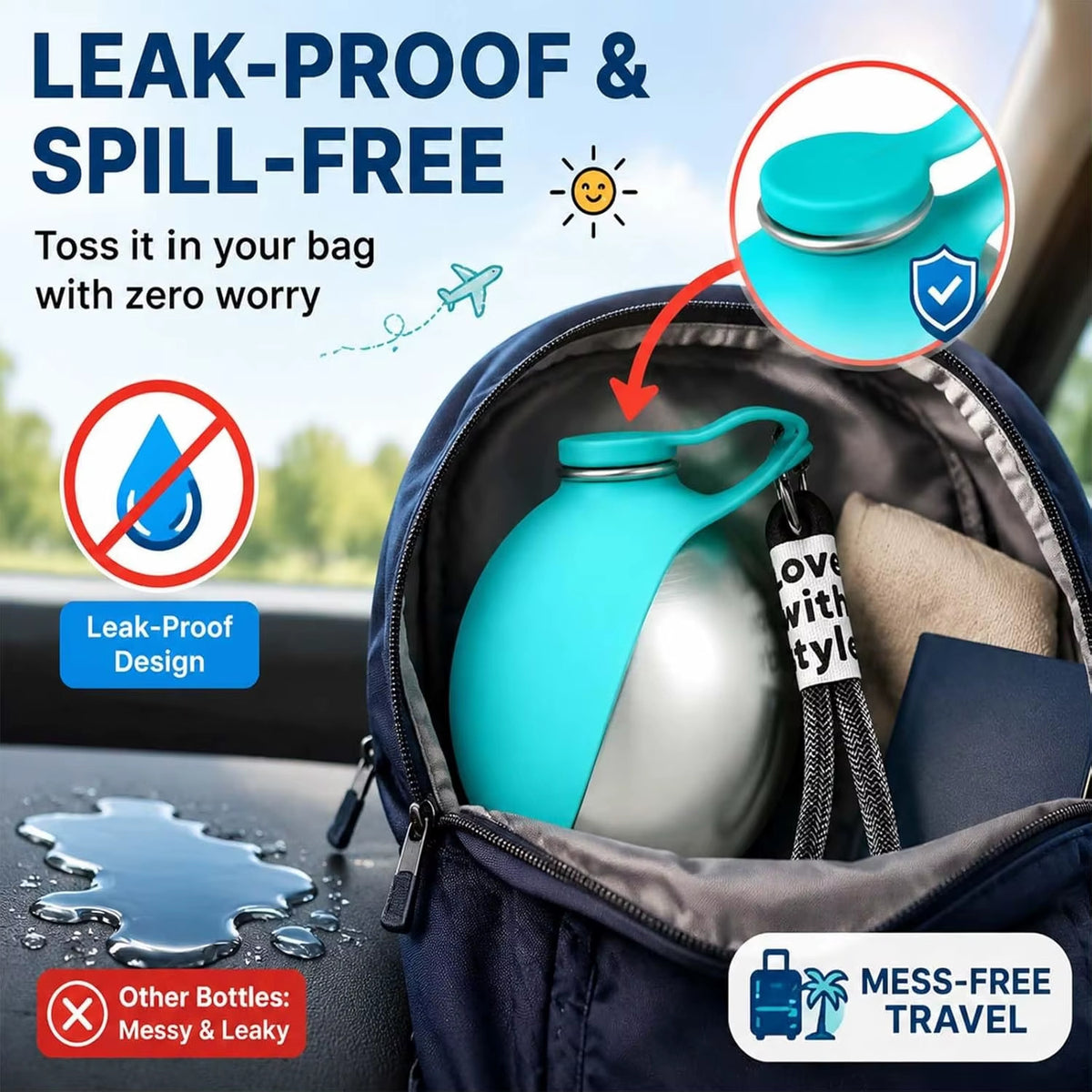 Teal Trailsip bottle sealed and packed upright inside a backpack beside a notebook