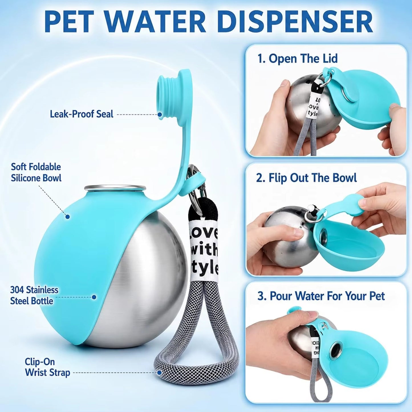Teal Trailsip bottle shown beside a three-step sequence of opening the lid and flipping out the bowl