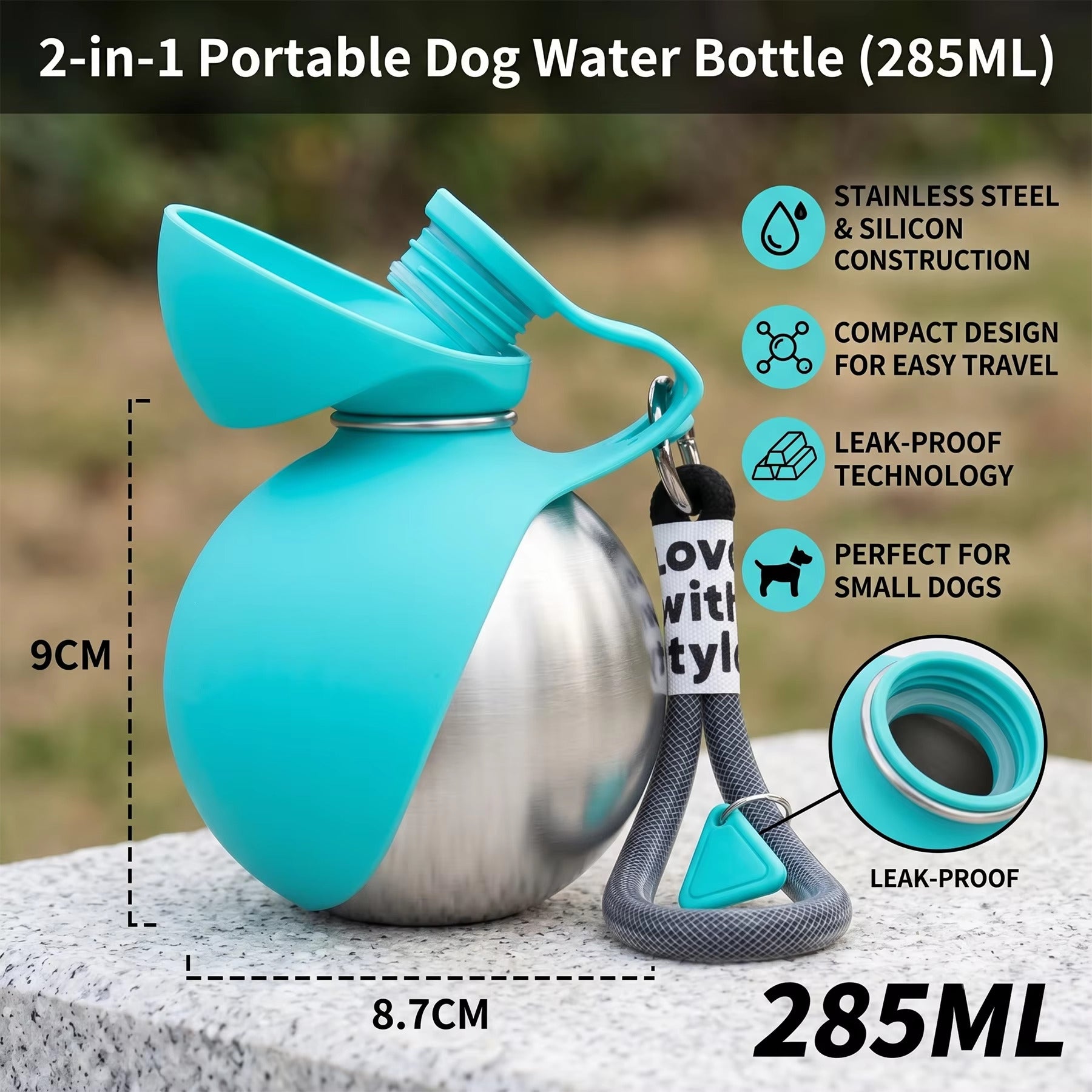 Teal Trailsip bottle with the bowl flipped open, labelled 285 ml, 8.7 cm wide and 9 cm tall