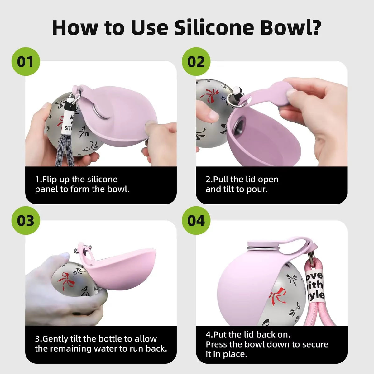 Four steps showing the silicone panel flipped up, the lid opened, water poured and the lid closed