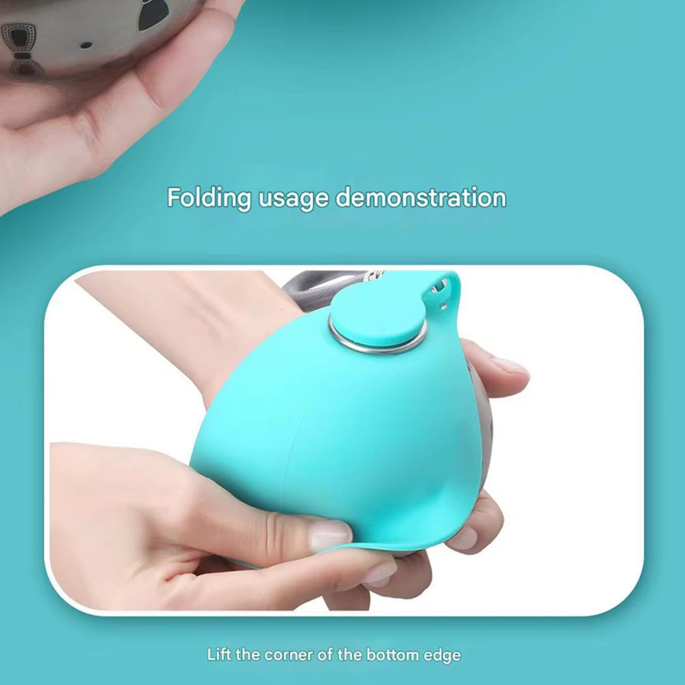 Hand folding the teal silicone shell down over the stainless steel bottle body