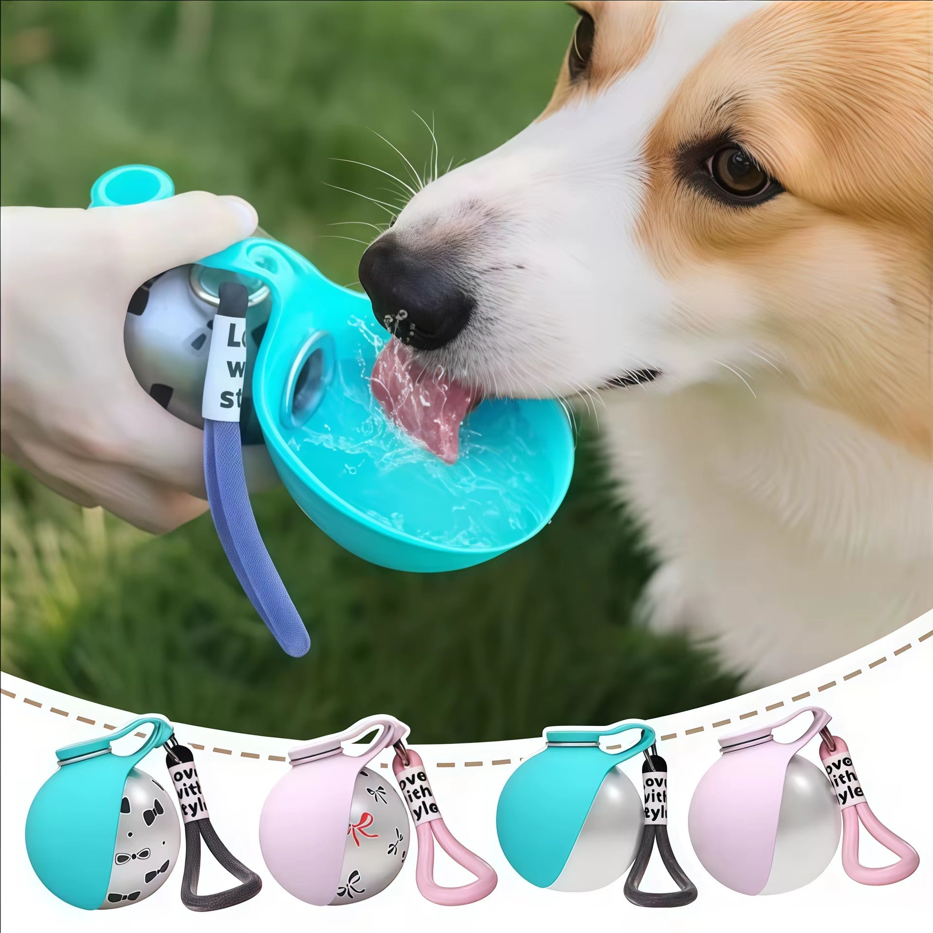 Corgi drinking water from the open teal silicone bowl of a Trailsip bottle held in a hand outdoors