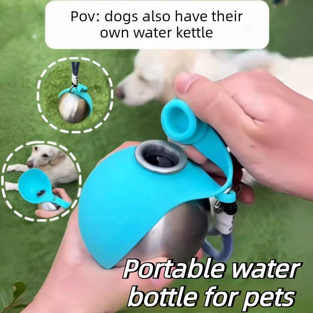 Hand holding an open teal Trailsip bottle outdoors with a dog resting on grass behind