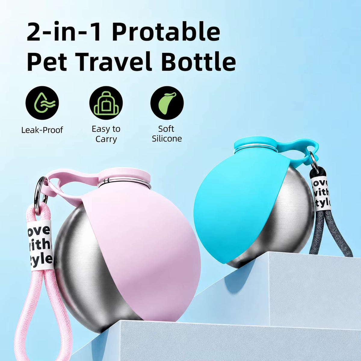 Pink and teal Trailsip bottles side by side on pale blocks with wrist straps attached