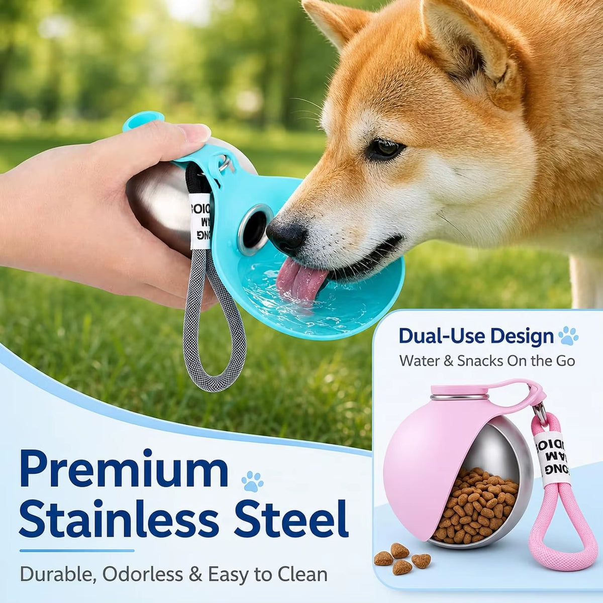 Shiba Inu drinking from the teal bowl of a Trailsip bottle held in a hand on grass